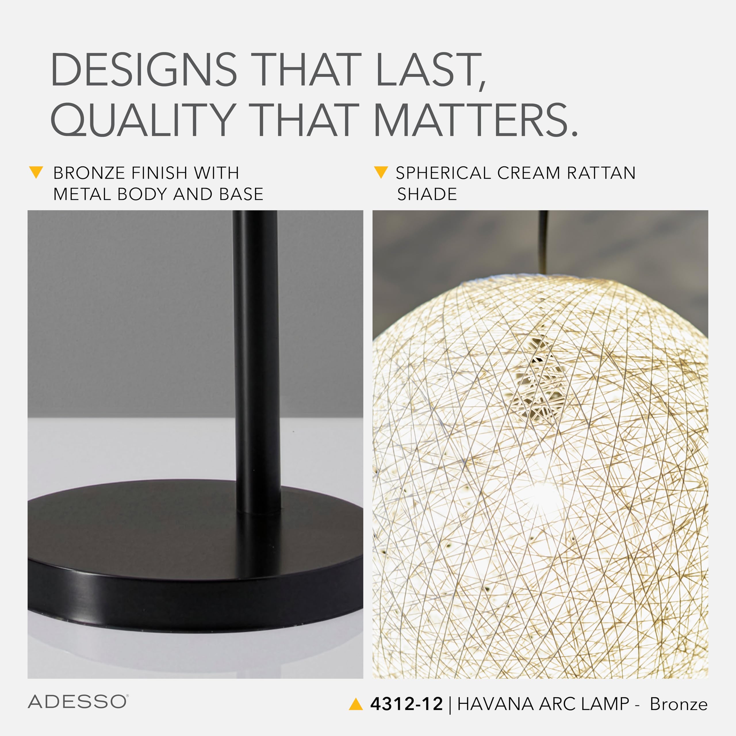 Adesso Arc Floor Lamp, Antique Bronze with Cream Rattan Shade
